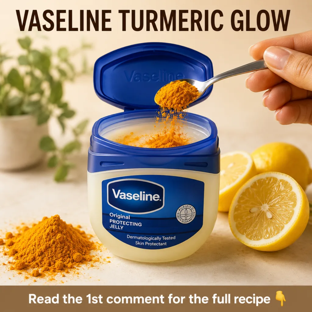 A person s hands mixing a yellow paste turmeric Vaseline lemon in a small bowl with a lemon and a jar of Vaseline nearby