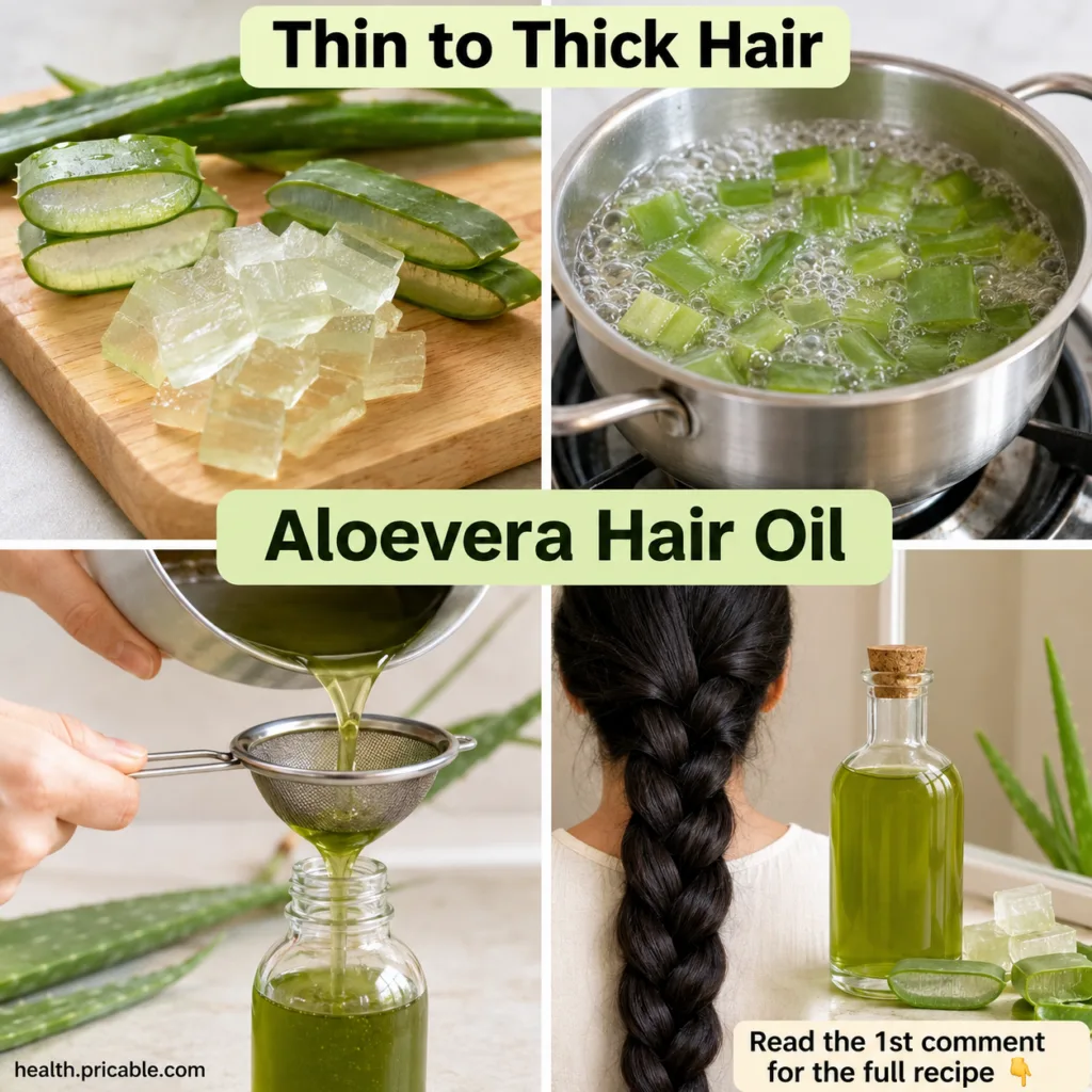 Fresh aloe vera leaves and a bottle of natural oil on a wooden surface ready for making hair oil