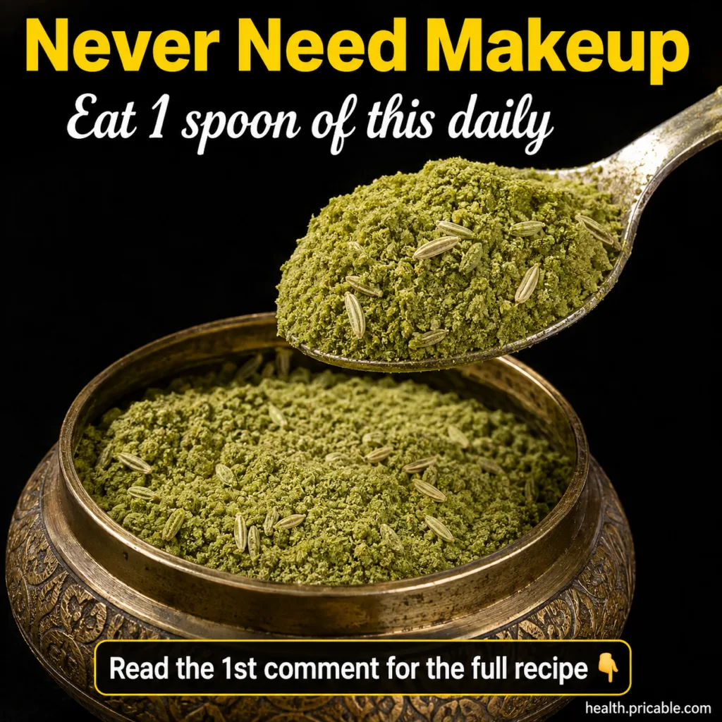 A single spoonful of a light beige beauty powder being held over a bowl of the same powder