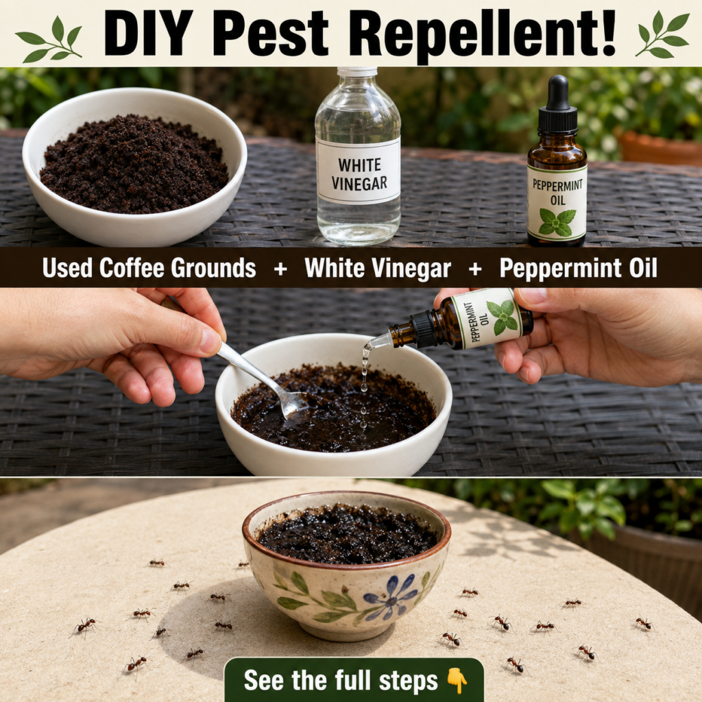 A person spraying a homemade bug repellent and cleaner onto a patio surface outdoors with a bucket and spray bottle visi
