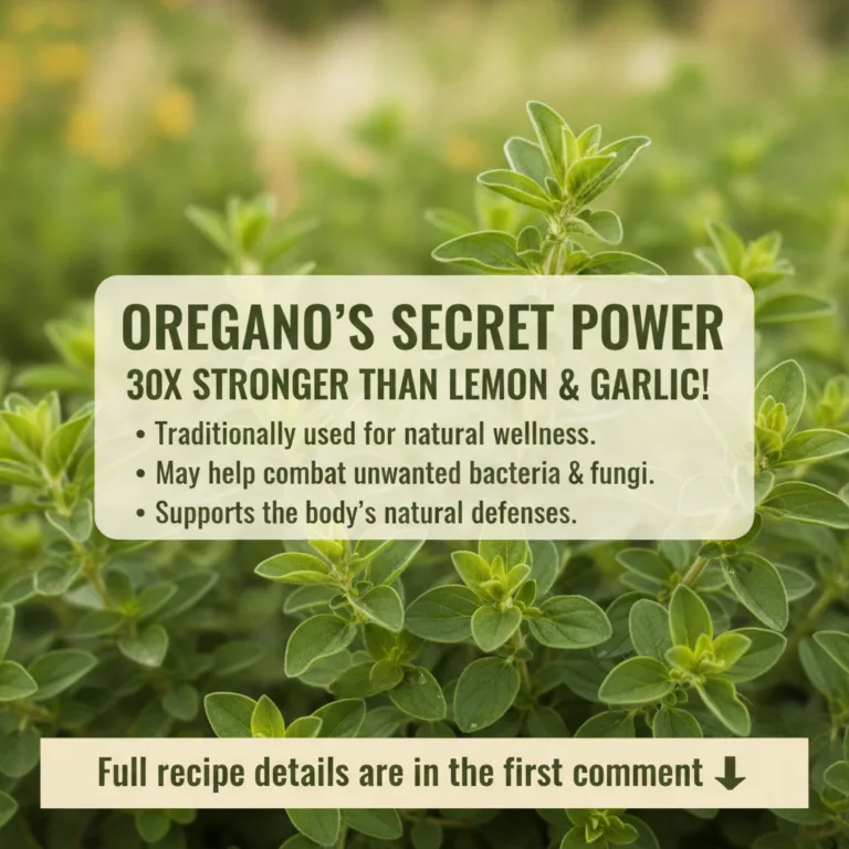 A close-up shot of fresh oregano leaves and flowers with a blurred background showing lemons and garlic subtly suggestin