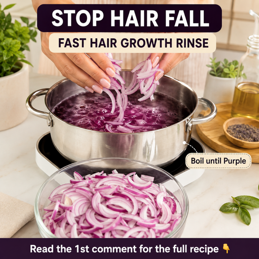 A simple natural red onion hair rinse in a bottle with fresh red onions nearby suggesting a DIY beauty routine for stron