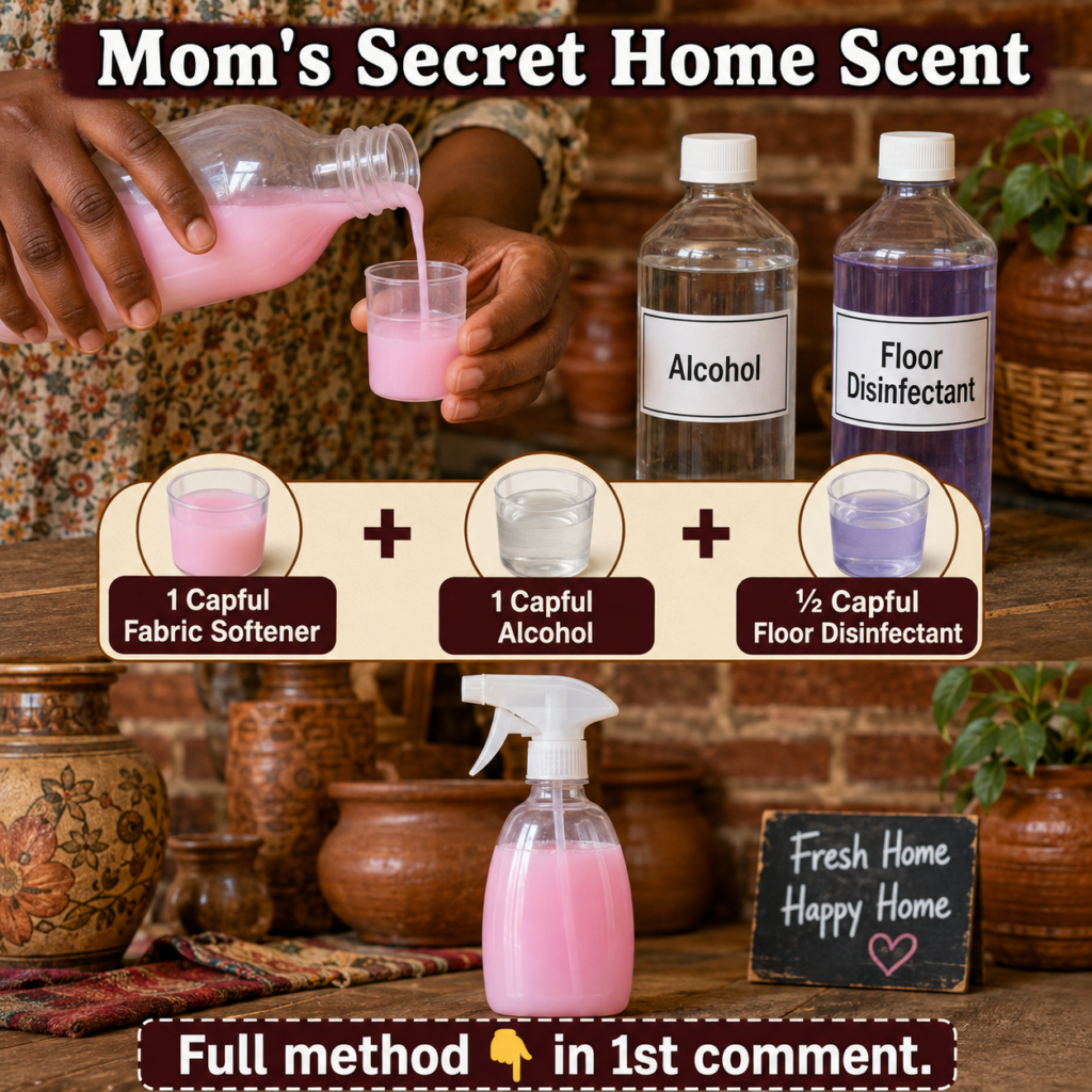 A clear spray bottle filled with a light blue liquid next to bottles of fabric softener rubbing alcohol and floor disinf