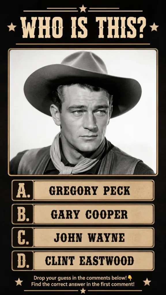 A portrait of John Wayne in a classic cowboy outfit possibly from a Western film He has a determined expression and is w