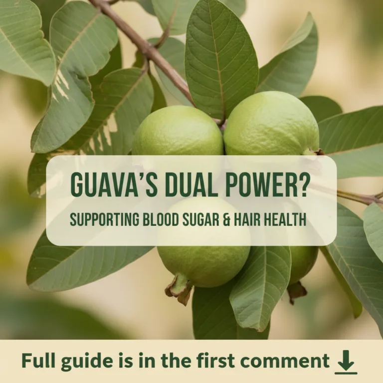 A fresh ripe guava fruit sliced open to reveal its pink flesh and small seeds surrounded by green guava leaves against a
