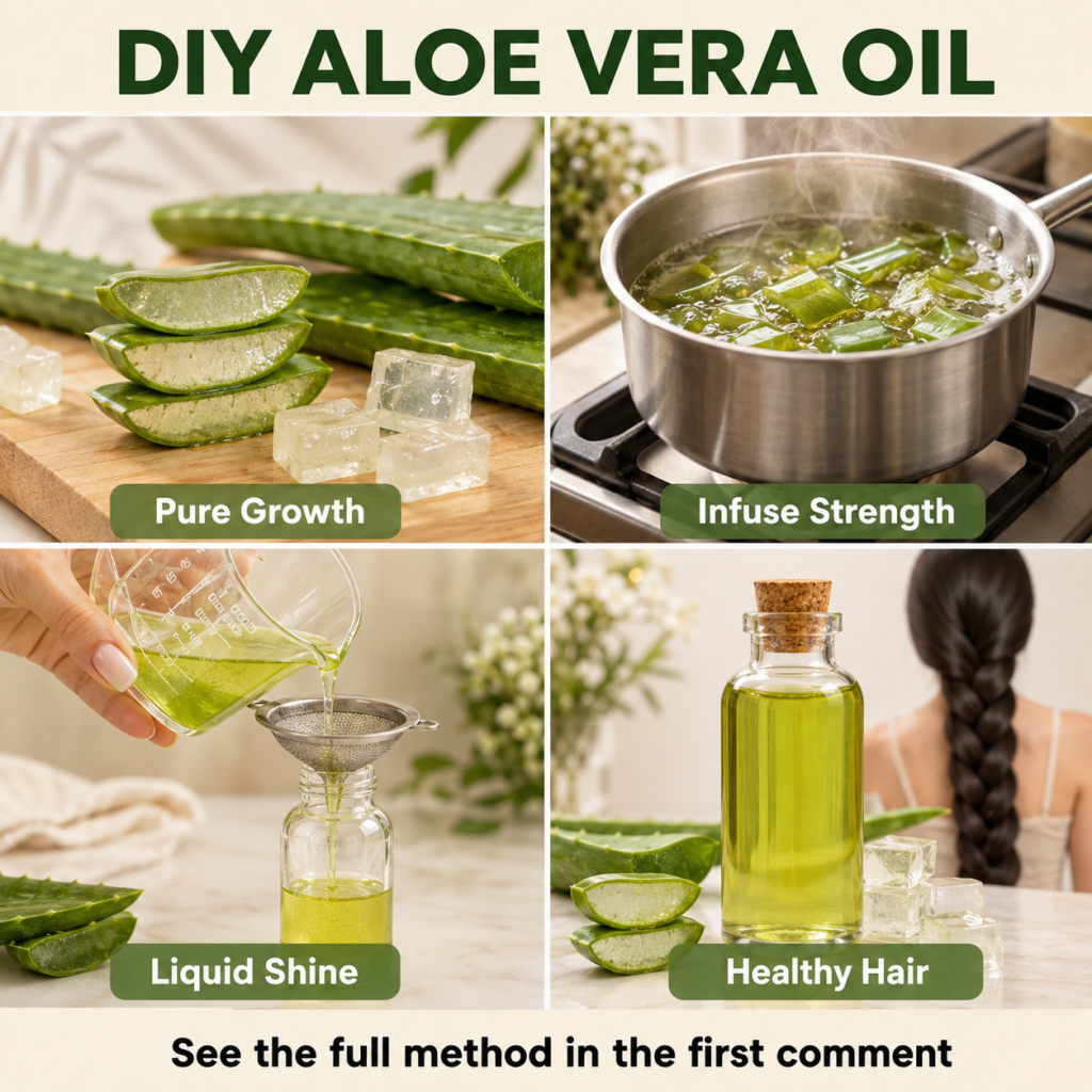 A close-up shot of hands preparing aloe vera for oil extraction showing the gel being scooped out or cut with a focus on