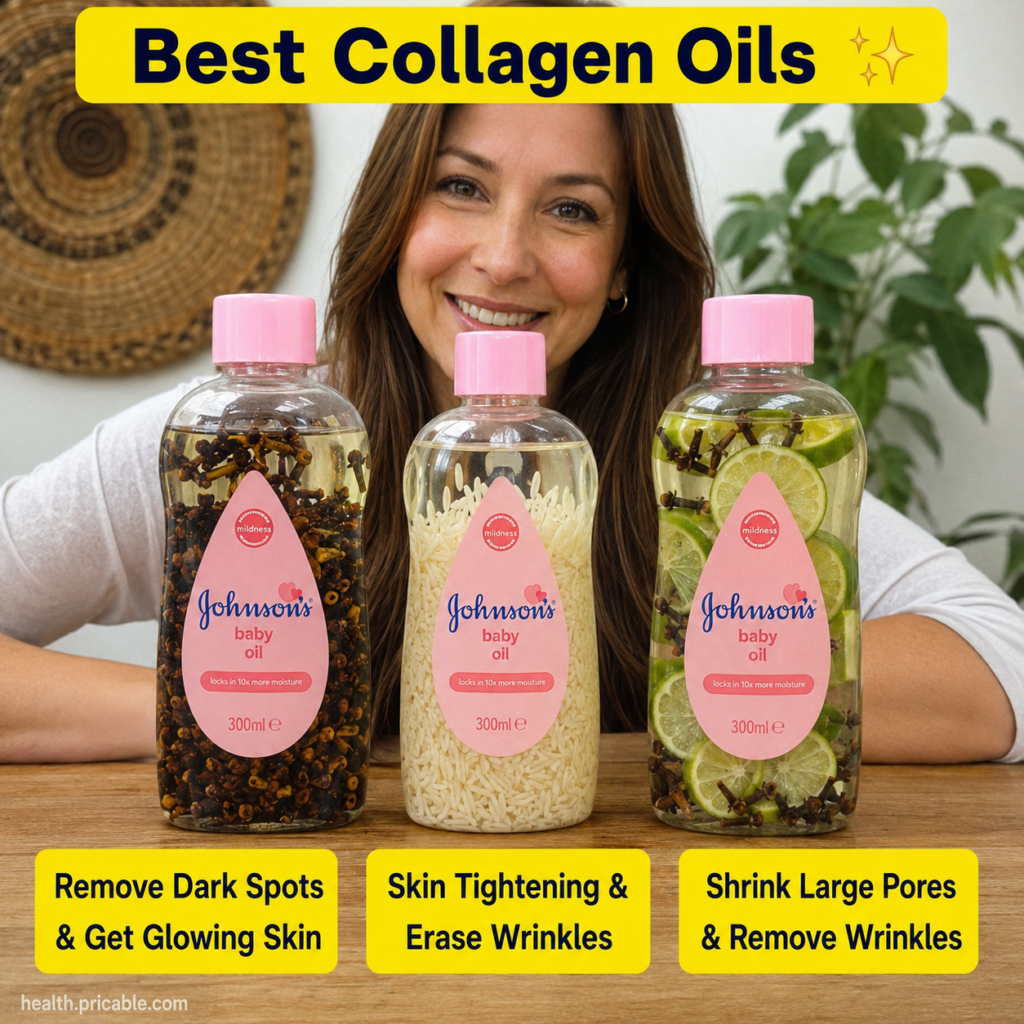 A beautiful glass bottle of homemade DIY collagen oil with fresh natural ingredients like baby oil almond oil and vitami