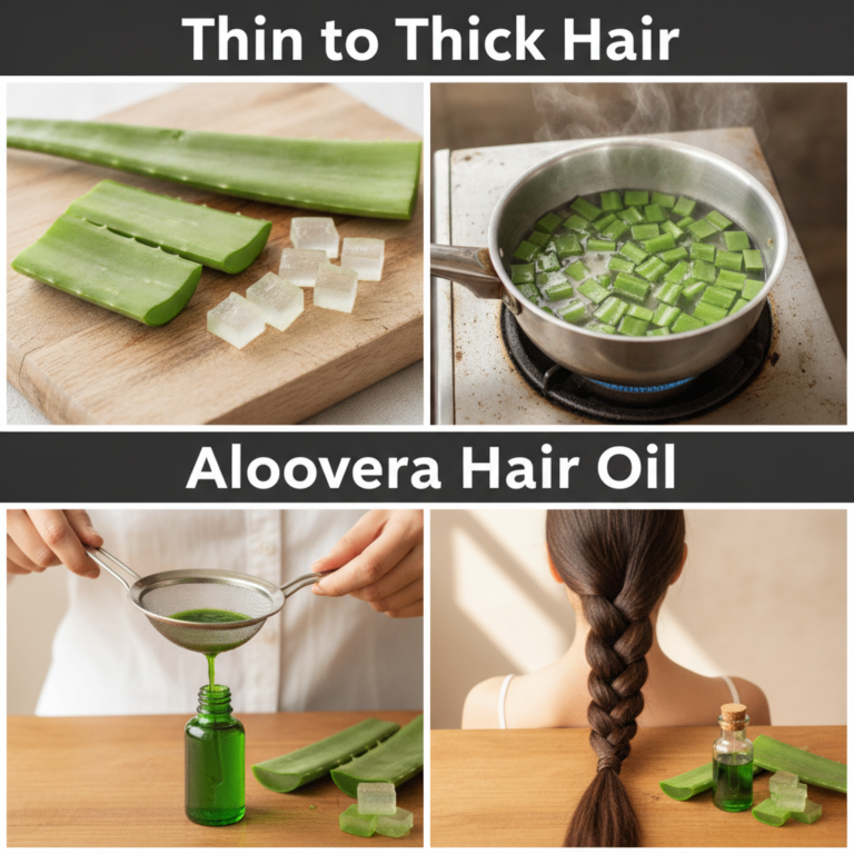 A close-up of fresh aloe vera leaves and a small bottle of homemade aloe vera oil with a woman s healthy shiny hair in t