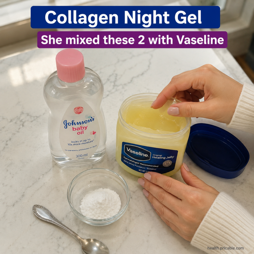 A small clean glass jar filled with a creamy translucent DIY collagen night gel Around it are small containers of Vaseli