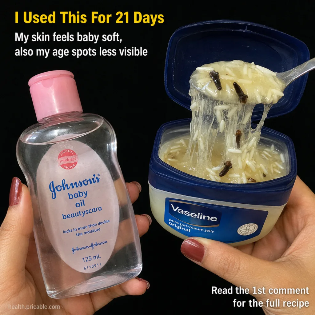 A top-down shot of the four main ingredients a bottle of Johnson s Baby Oil a jar of Vaseline a small bowl of raw rice g
