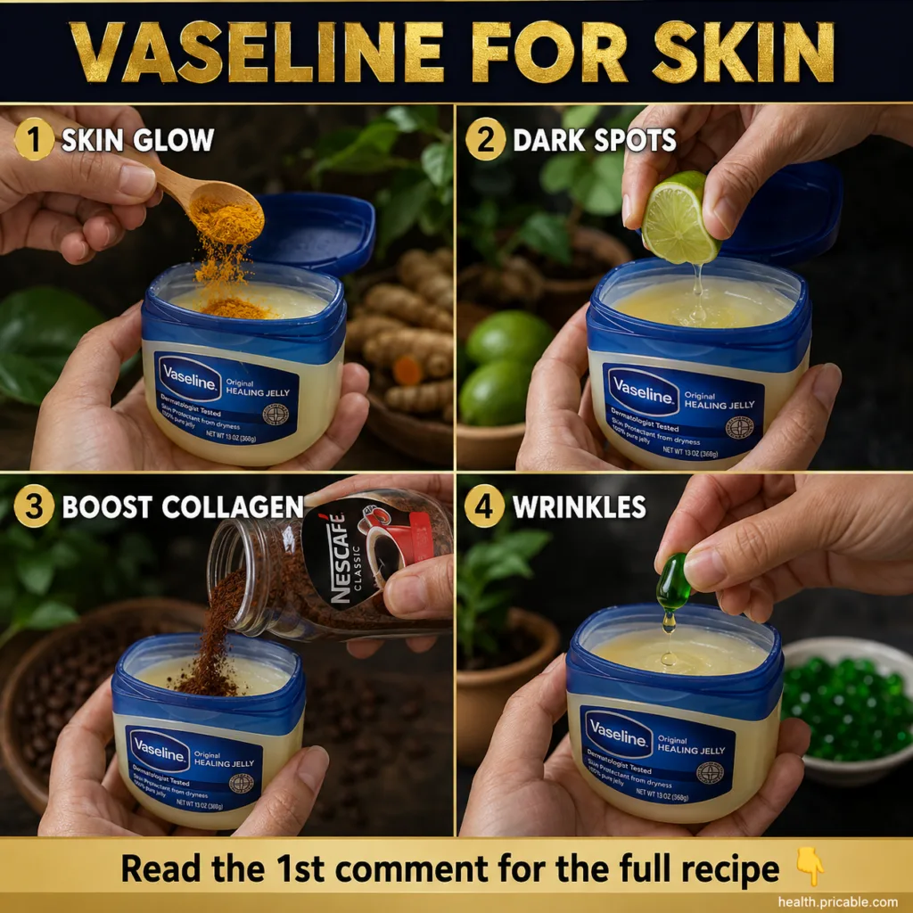 A jar of Vaseline surrounded by small bowls of natural ingredients like sweet almond oil and aloe vera gel on a light su