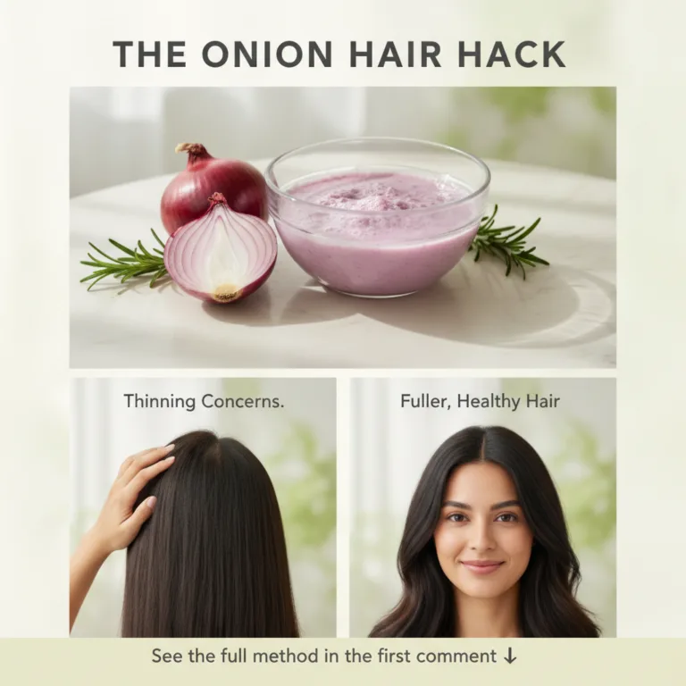 A woman holding a fresh onion next to a small bowl of onion juice with her long healthy hair in the background suggestin
