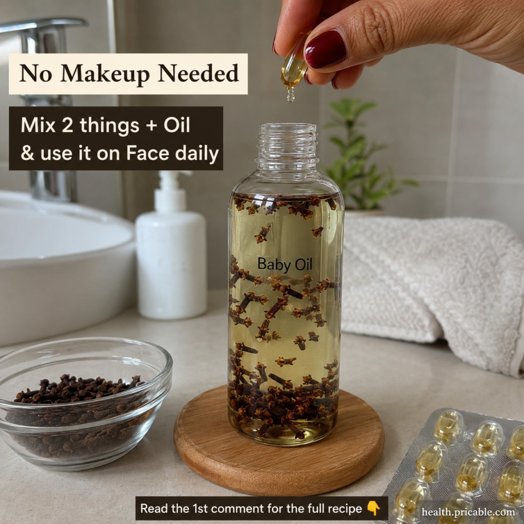 A close-up of a small glass bottle filled with a golden oil blend with dried cloves visible inside and a couple of Vitam