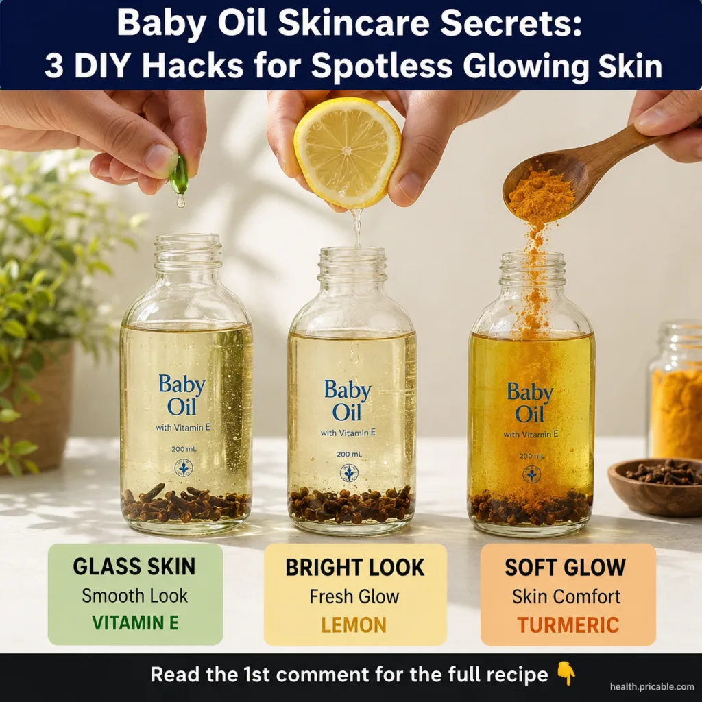 A close-up shot of baby oil in a clear bottle next to a small bowl of lemon slices a bottle of vitamin E and a spoon of 