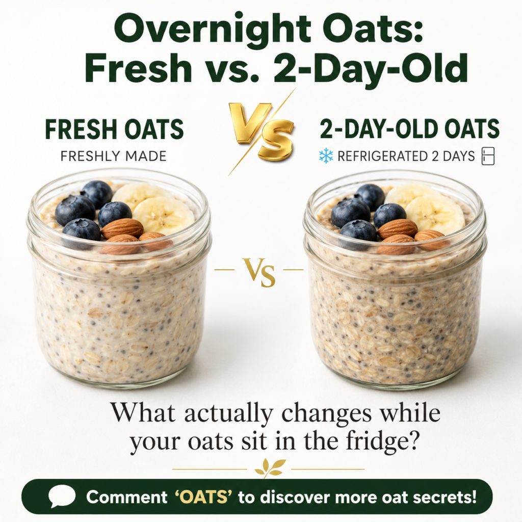 A side-by-side comparison of two jars of overnight oats One jar is fresh vibrant with clearly defined layers of oats fru