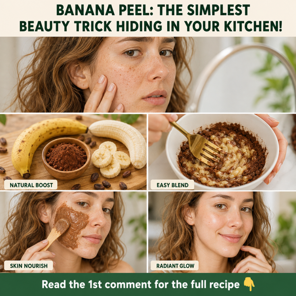A beautiful creamy DIY face mask made from mashed banana and cocoa powder in a small bowl with a banana and some cocoa p
