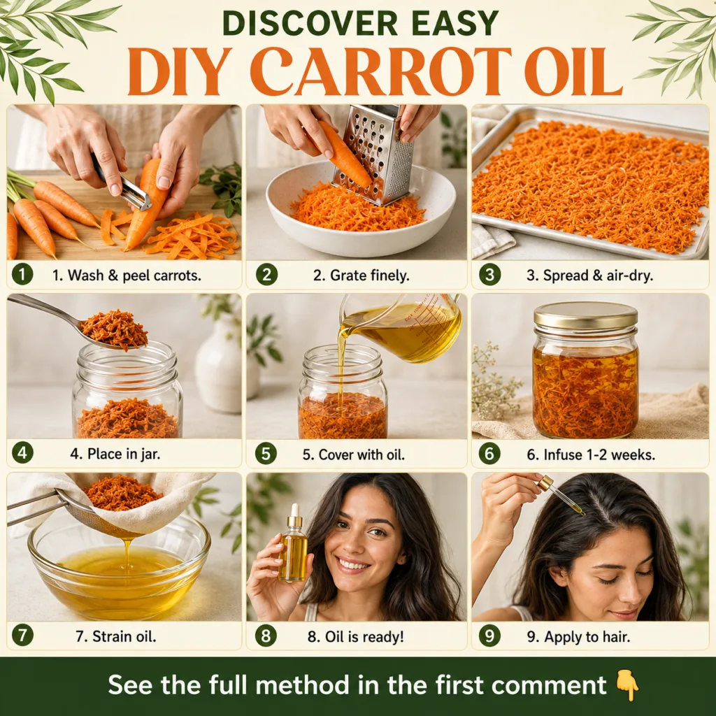 A close-up of a glass jar filled with grated carrots submerged in oil with a few fresh carrots and green leaves next to 