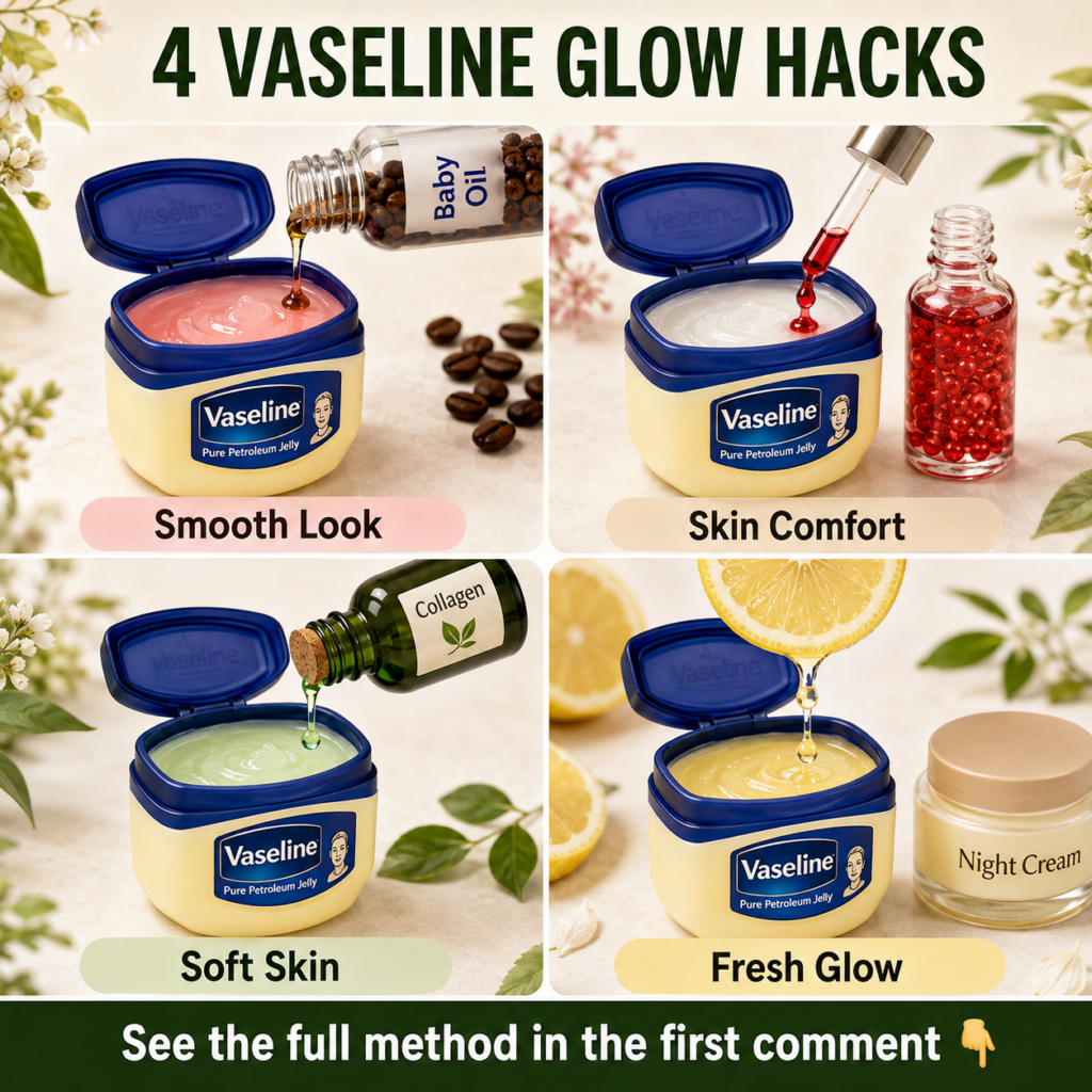 A jar of Vaseline petroleum jelly surrounded by various natural beauty ingredients like a lemon slice a small bottle of 