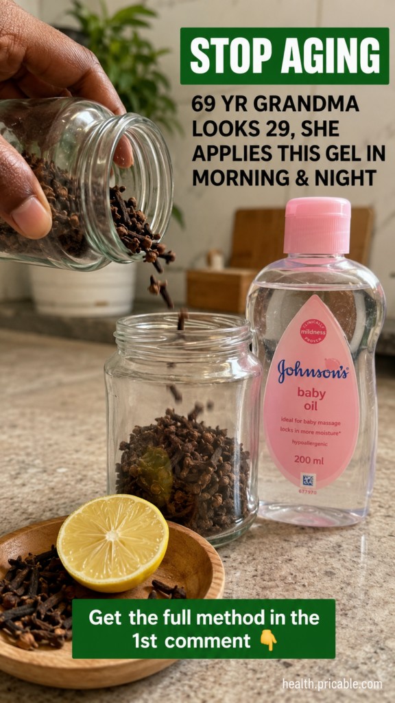 A small glass bottle of baby oil next to a scattering of whole cloves on a wooden surface suggesting a DIY beauty recipe