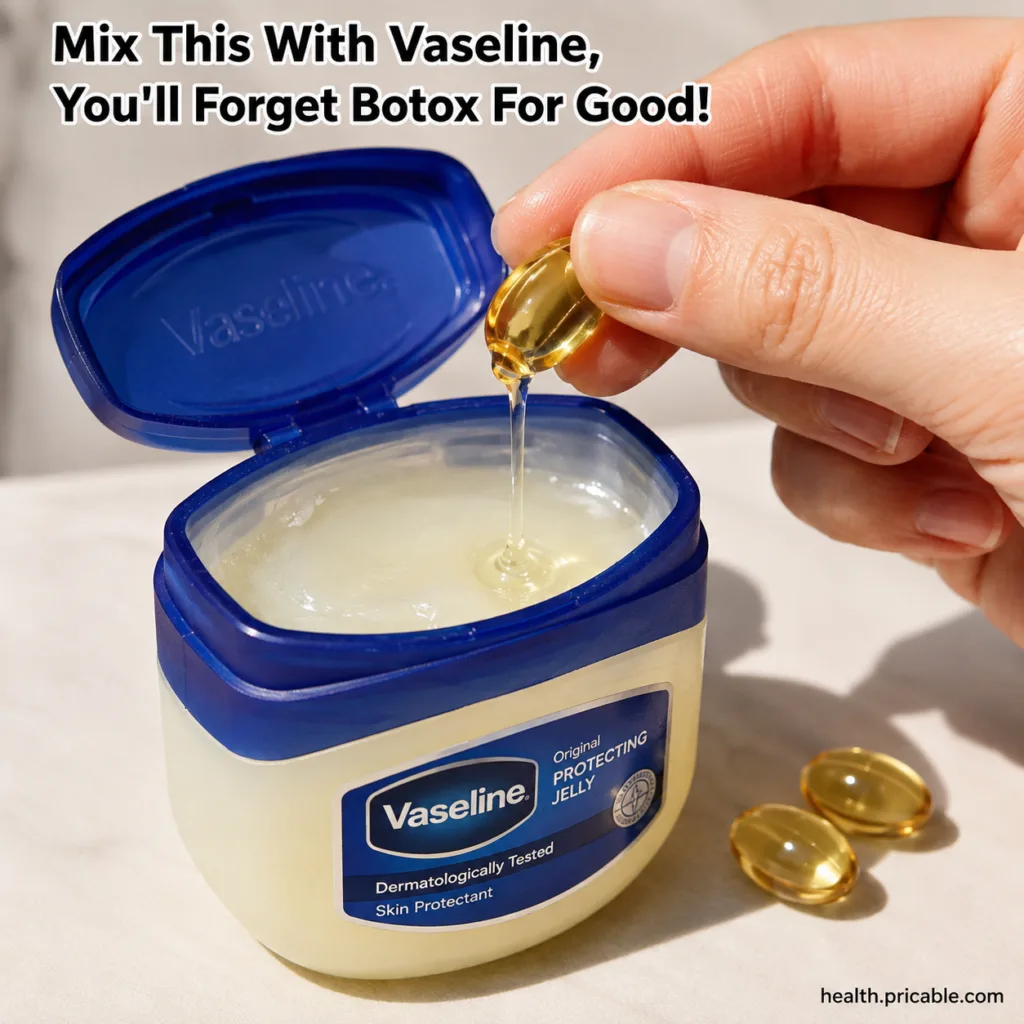 A small glass jar of Vaseline a single Vitamin E softgel capsule and a tiny dish with a small spatula ready for mixing