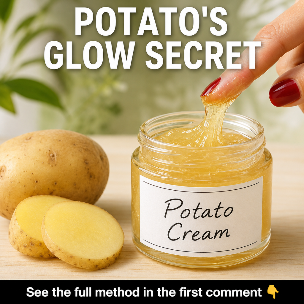 A close-up of a homemade potato cream in a small elegant jar with fresh potatoes and perhaps a few green leaves in the b