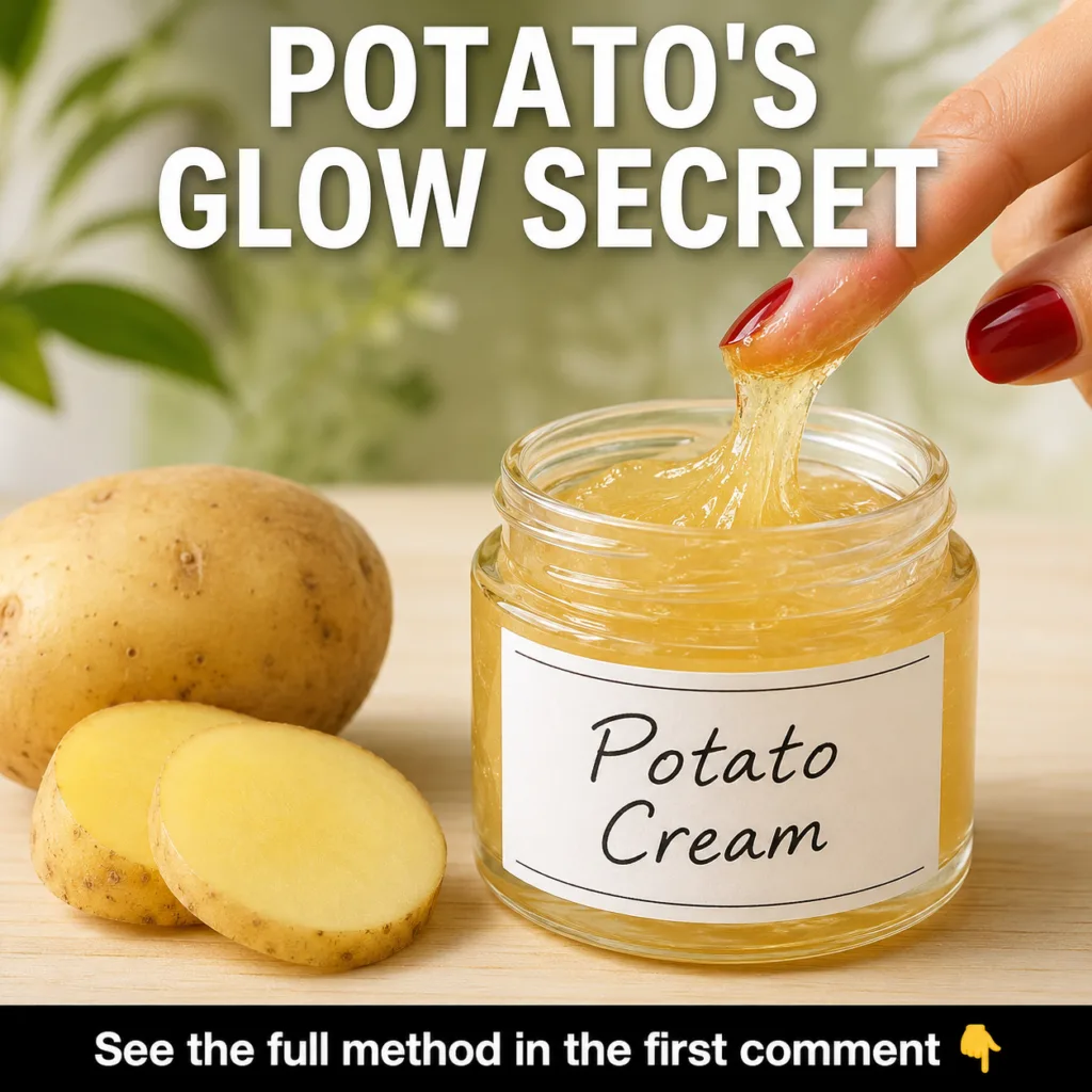 A close-up of a homemade potato cream in a small elegant jar with fresh potatoes and perhaps a few green leaves in the b