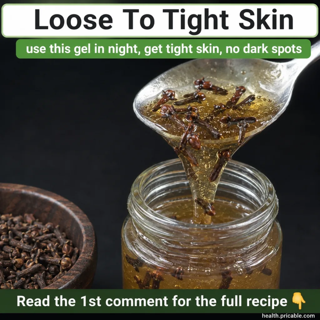 A small jar of homemade clove gel next to a few whole cloves and a fresh aloe vera leaf on a rustic wooden surface with 