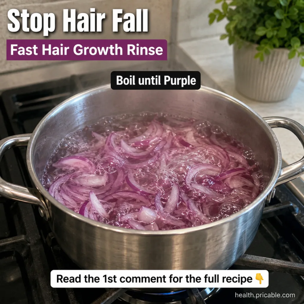 A vibrant red onion sliced and ready for use in a hair rinse next to a small bowl of water
