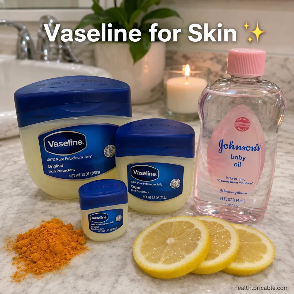 Ingredients for a Vaseline turmeric and lemon paste laid out a small jar of Vaseline a bowl of yellow turmeric powder an