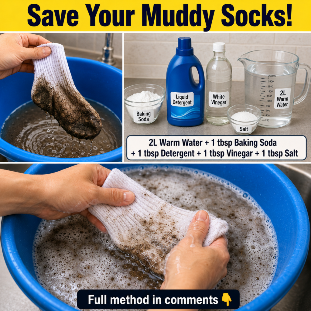 A close-up shot of hands mixing a DIY pre-soak solution for dirty socks in a clear basin The solution contains warm wate