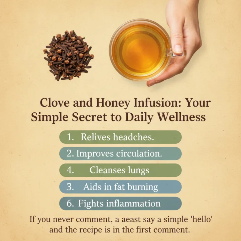 A warm glass of clove and honey infusion with whole cloves and a spoon drizzling honey set on a rustic wooden table