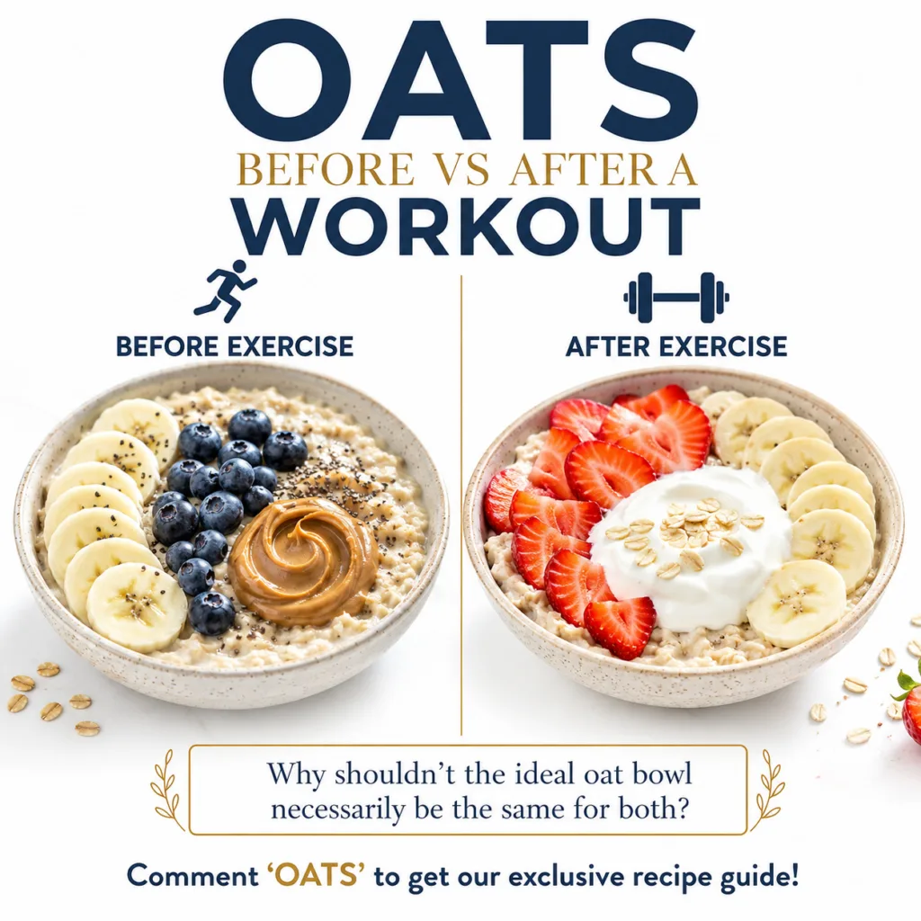 Two distinct bowls of oatmeal one designed for pre-workout with simple ingredients like berries and another for post-wor