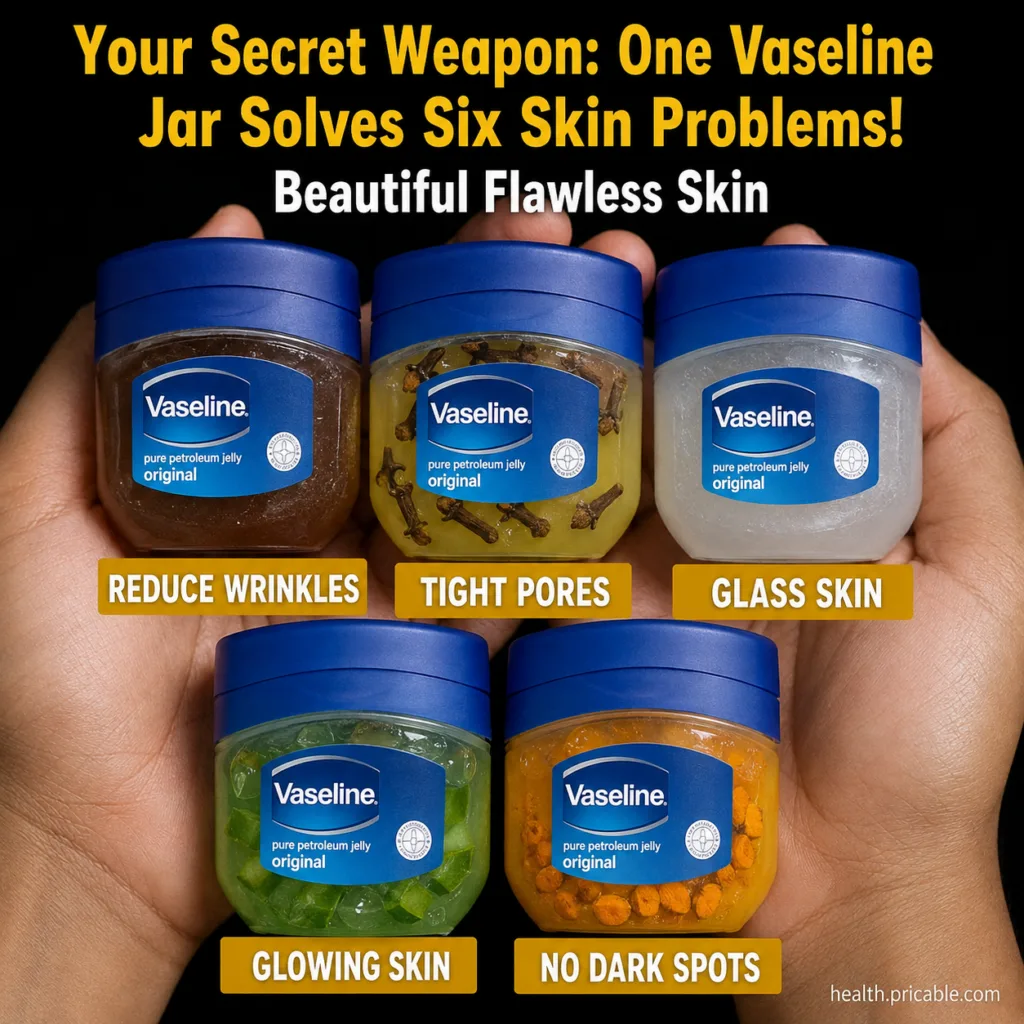A hand holding a jar of Vaseline with a soft glowing complexion in the background suggesting healthy skin