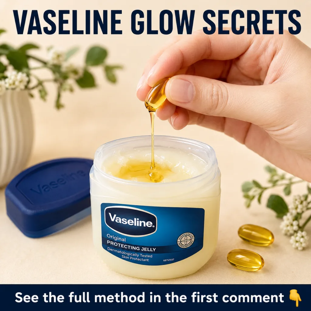 A small glass jar with a simple mixture of Vaseline and a liquid vitamin E capsule suggesting a homemade beauty remedy T