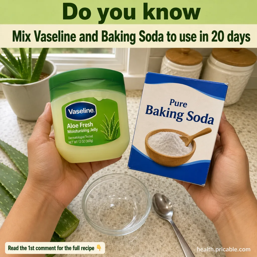 A small glass bowl with a mix of white paste representing Vaseline and baking soda next to a jar of Vaseline Aloe Fresh 