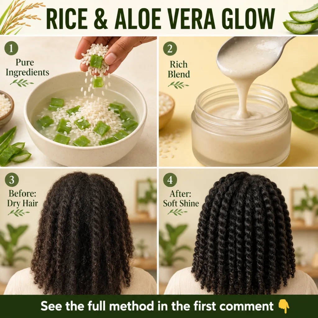 A bowl of creamy white rice and aloe vera hair mask with fresh rice grains and aloe vera leaf slices next to it on a woo
