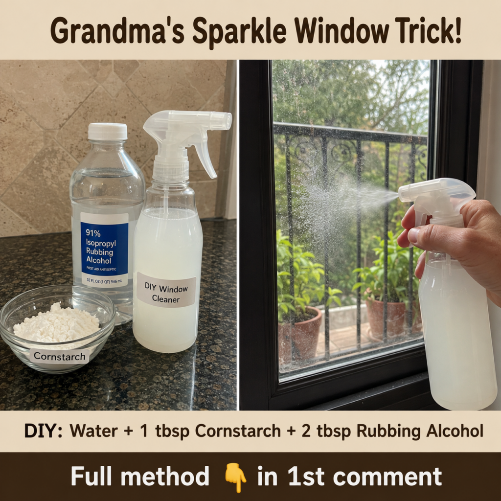 A spray bottle filled with a cloudy white liquid labeled ingredients for a DIY window cleaner water cornstarch and rubbi
