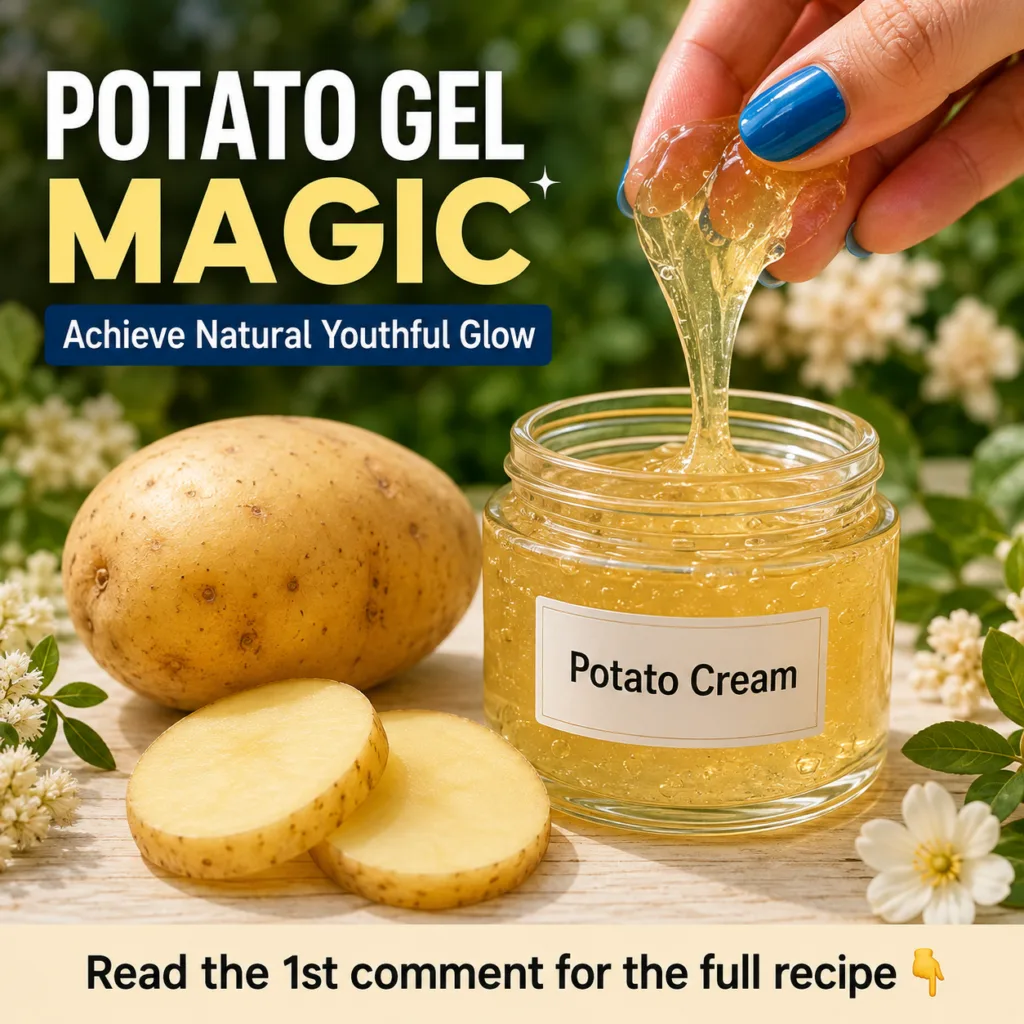 A close-up of a glass jar containing a translucent slightly milky potato gel with a fresh peeled potato and a grater vis