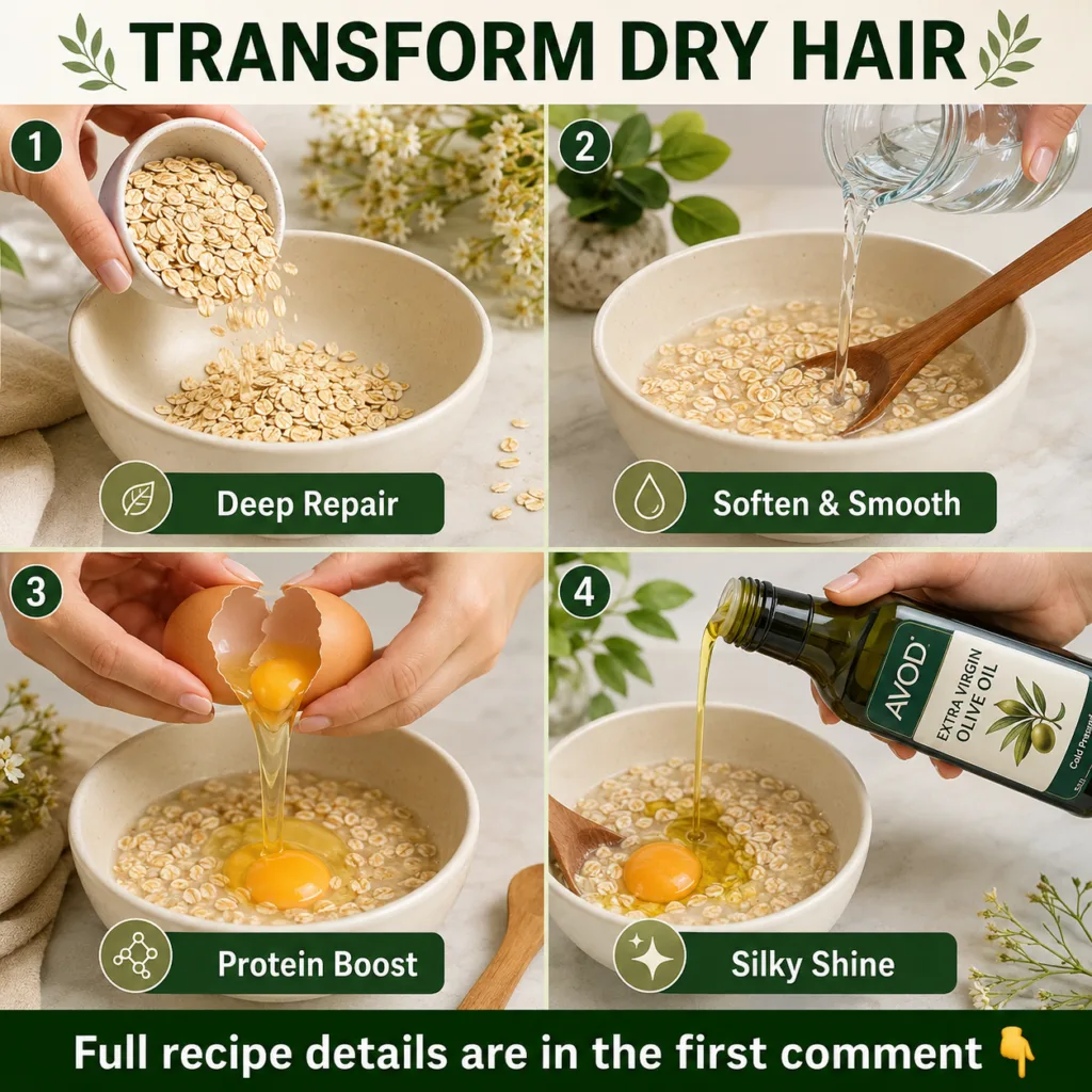 A close-up of a bowl containing a creamy oatmeal and olive oil hair mask mixture with a spoon resting in it Ingredients 