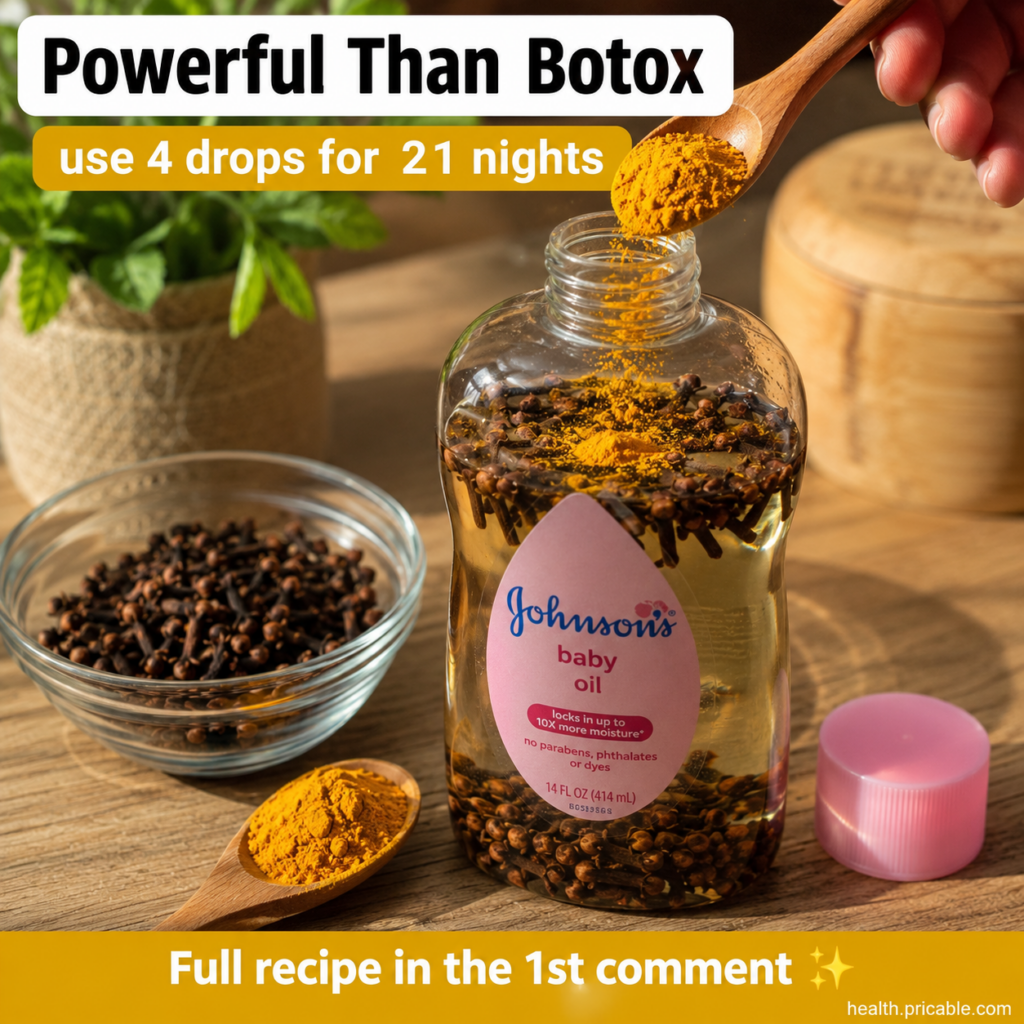 A close-up of a small glass bottle filled with a golden-hued oil with whole cloves and a pinch of turmeric powder visibl
