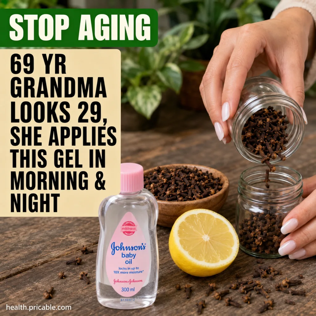 An elderly woman with visibly youthful glowing skin smiling confidently She holds a small jar of homemade gel The scene 