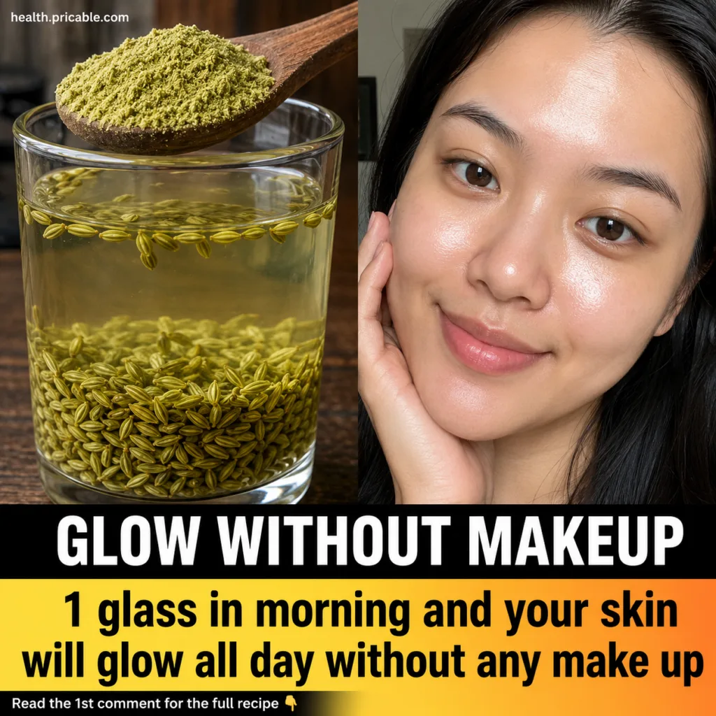 A bowl of whole fennel seeds next to a clear glass of warm steeped fennel water with steam rising on a light wooden surf