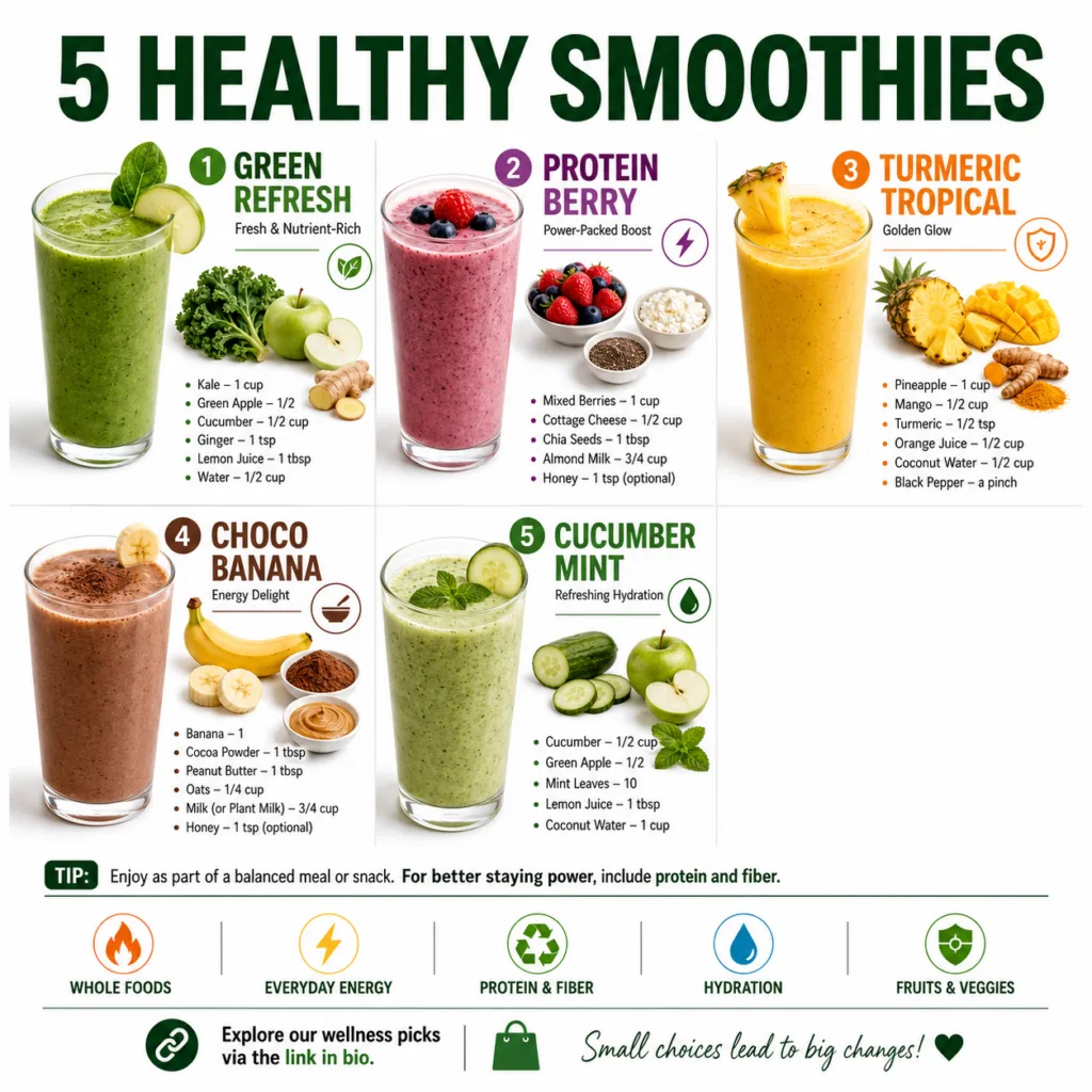 A vibrant infographic showing five different colorful smoothie combinations each with ingredients like fruits vegetables