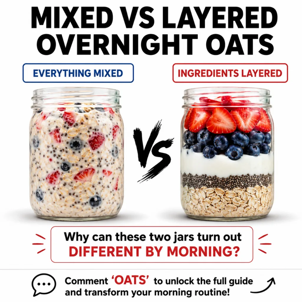 A clear glass jar filled with mixed overnight oats showing a uniform creamy texture with small pieces of berries and nut
