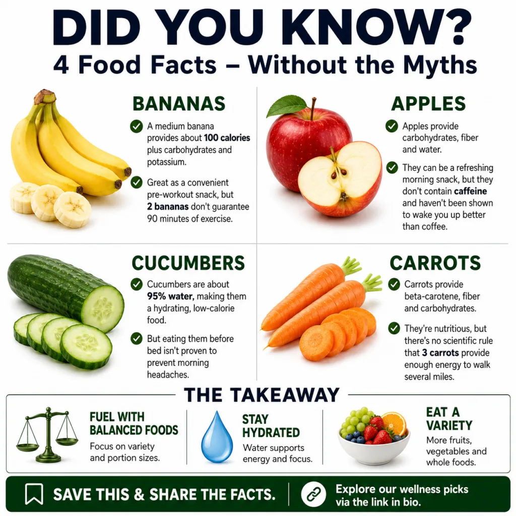 An infographic-style image showing a banana an apple a cucumber and carrots with text bubbles clarifying common myths or