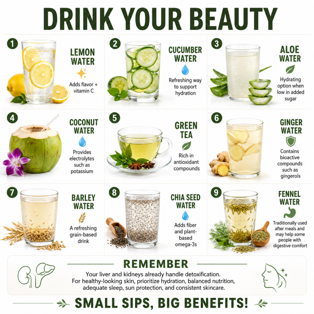 A collection of nine different healthy drinks with their ingredients such as lemon slices in water cucumber slices in wa