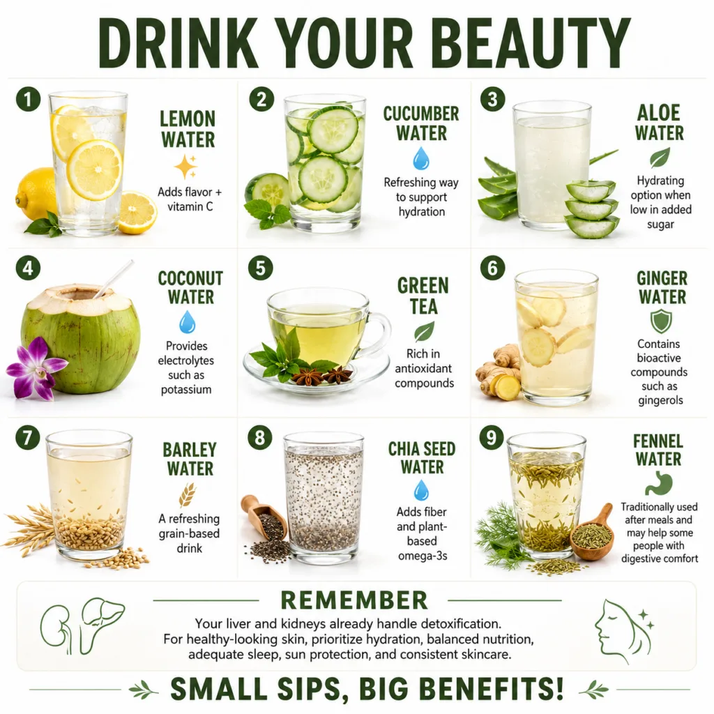A collection of nine different healthy drinks with their ingredients such as lemon slices in water cucumber slices in wa