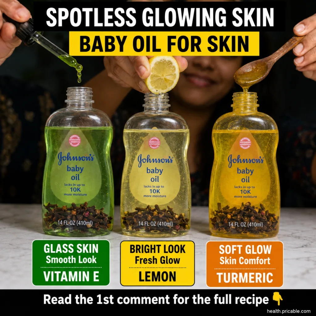 A clear glass bottle of Johnson s Baby Oil next to small bowls containing a bright yellow lemon peel a small pile of tur