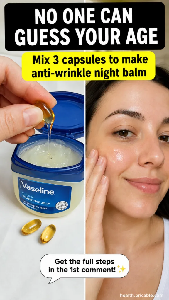 A small glass jar of homemade night balm made with Vaseline and open beauty capsules with a gentle glow effect