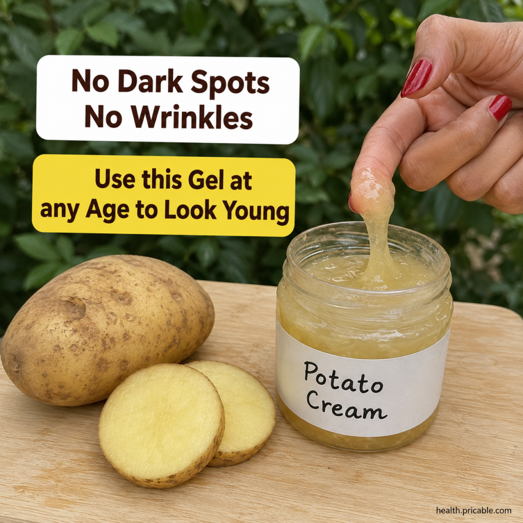 A close-up of a small bowl containing a translucent pale yellow potato gel with a few slices of fresh potato and perhaps